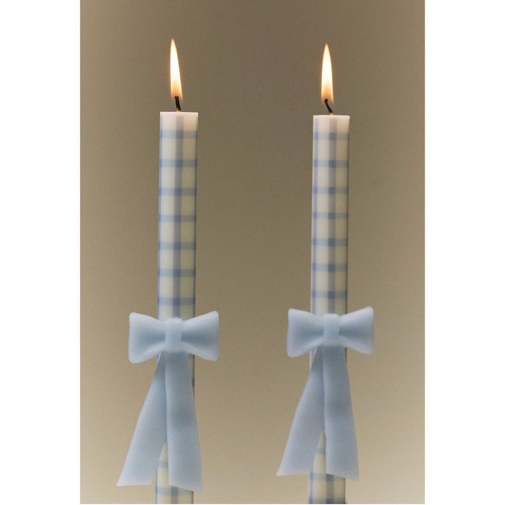 Anthropologie Blue Gingham Bow Taper Candles Set of 2 Hand Sculpted 9.8 in NEW